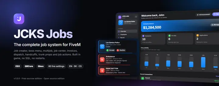 Preview of [FREE] JCKS Jobs – the complete job system | Job creator · Boss menu · Multijob · Invoices · Dispatch · Handcuffs · Trunk props | ESX · QBCore · Qbox