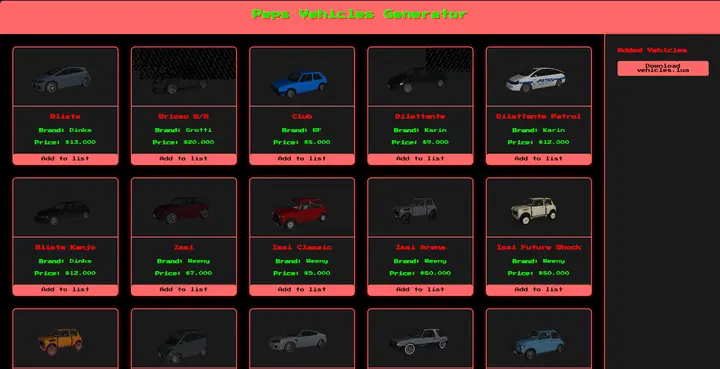 Preview of [QBCore] Vehicles.lua Generator Website
