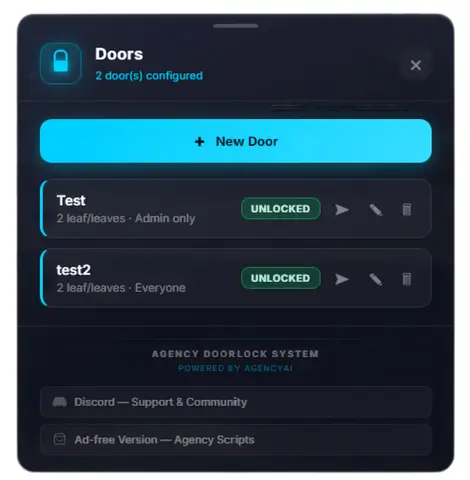 Preview of [FREE] Agency-Doorlock | Native Door Locking & One-Step In-Game Setup | QB / ESX / Standalone