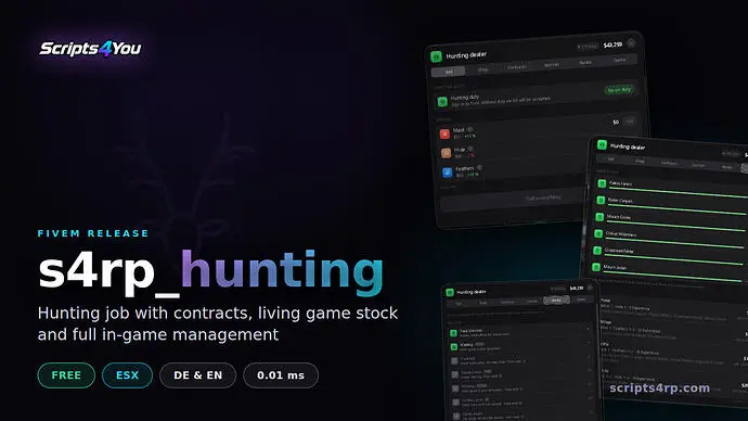 Preview of [FREE][ESX] s4rp_hunting - hunting job with contracts, game stock and in-game management